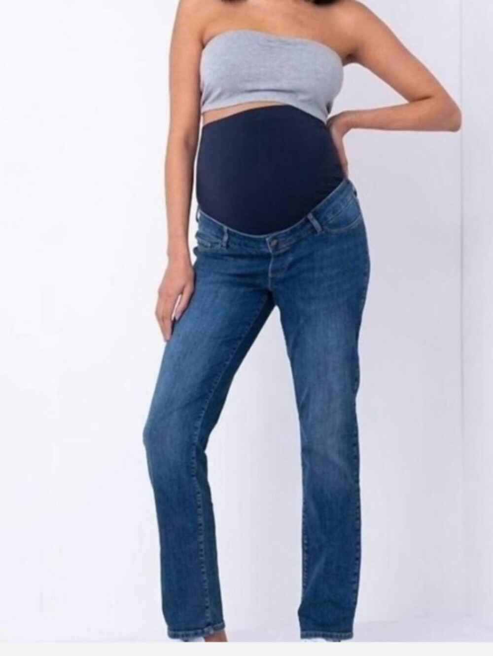 Seraphine Maternity Blue Stretch Jeans with Full Belly Panel Over The Bump Sz 6